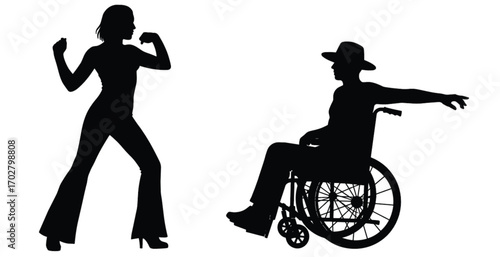Black vector silhouette of a young woman dancing and holding a child, with her loving family and a bicycle in the background
