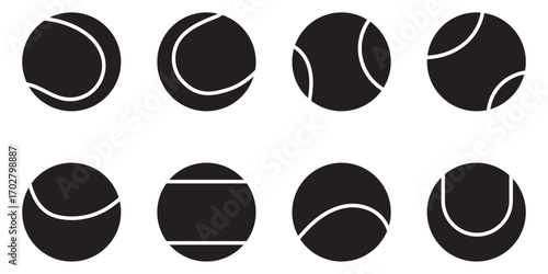 Set of green tennis ball icons in flat and outline styles, isolated sports symbols for game and match design, vector illustration for logo, app, infographic on transparent background