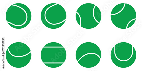Set of green tennis ball icons in flat and outline styles, isolated sports symbols for game and match design, vector illustration for logo, app, infographic on transparent background