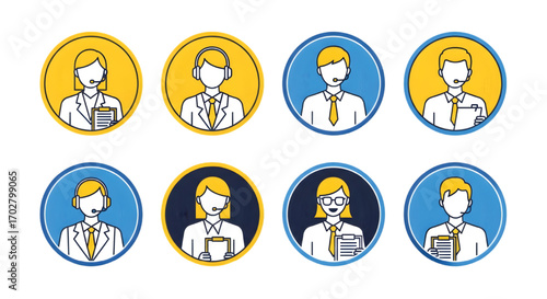 Diverse customer service icons representing support and communication professionals