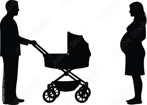 Silhouette, pregnant, woman, man, baby, stroller, couple, expecting, pregnancy, family, parent, maternity, father, mother, care, baby carriage, parenthood, prenatal, couple silhouette, standing