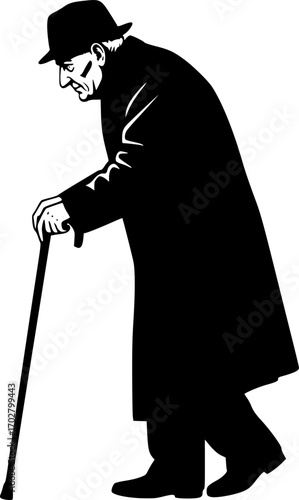 Old man with walking cane svg, Old man with cane silhouette, Old man with a stick svg, Old man with a stick silhouette, Old man svg, Old man silhouette.