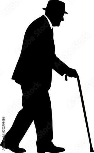 Old man with walking cane svg, Old man with cane silhouette, Old man with a stick svg, Old man with a stick silhouette, Old man svg, Old man silhouette.