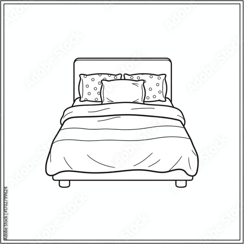 Line Art Bed with Pillows and Blanket, Isolated on White Transparent Background