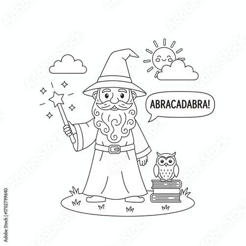 Cute Wizard Casting Spell with Magic Wand, Owl, and Sun, isolated on white transparent background