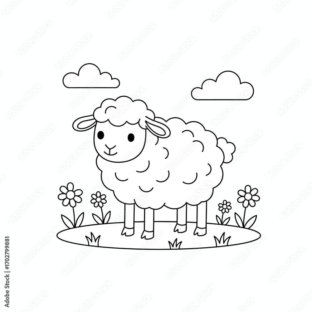 Obraz premium Cute Sheep Coloring Page with Flowers and Clouds, isolated on white transparent background