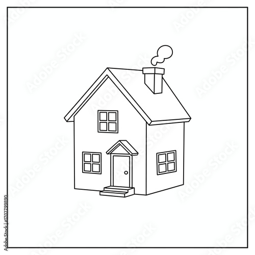 Simple house line art with chimney and smoke, isolated on white transparent background