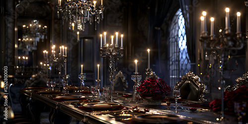 Elegant, candlelit banquet hall set for a lavish feast with ornate decor and red roses