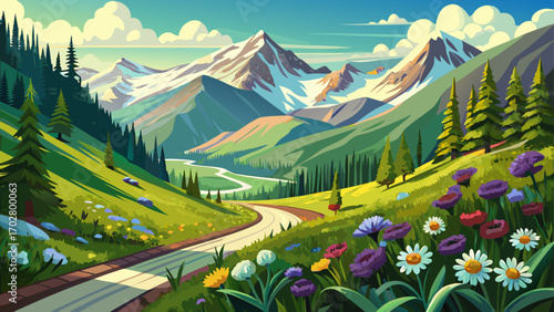 Panoramic view of scenic drive in San Juan Mountains Colorado, springtime fresh greens, melting snowcaps, gentle wildflowers bloom under bright skies, creating a peaceful mountain escape full of renew