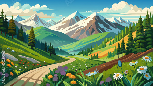 Panoramic view of scenic drive in San Juan Mountains Colorado, springtime fresh greens, melting snowcaps, gentle wildflowers bloom under bright skies, creating a peaceful mountain escape full of renew