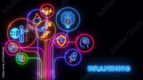 Branding strategy concept. Marketing and brand management. Marketing strategy and thinking the look and feel of brand . Glowing neon line of branding icon. black background 4k video.