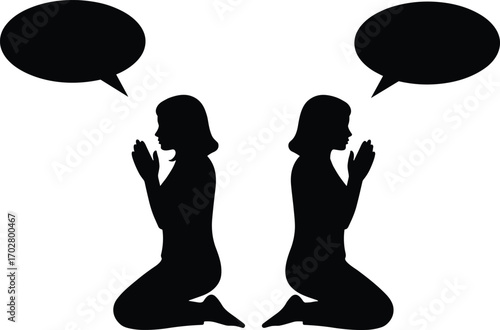 women silhouette talking, kneeling women, conversation illustration, prayer and speech, communication concept, speech bubbles, spiritual talk, emotional discussion, female silhouettes talking