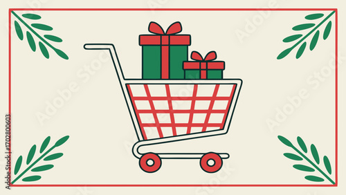 Minimalist Christmas shopping cart with gifts festive border presents