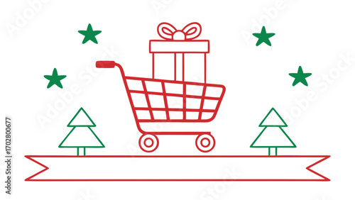 Red shopping cart with gift box surrounded by green Christmas trees stars vector