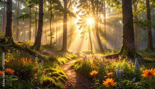 Enchanting forest scene with a sunlit path and wildflowers meadow