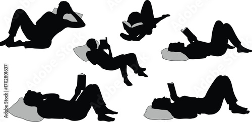 silhouette people reading book, lying down reader pose, relaxed person illustration, black shadow art, leisure lifestyle concept, casual reading position set