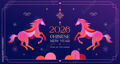 Chinese new year 2026 year of the Horse. Red Horse illustrations with color gradient. Traditional Chinese design for Lunar New Year