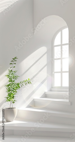 Sunlit minimalist interior with arched window, plant, and stairs