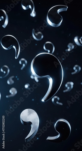 Numerous shiny silver comma punctuation marks drifting gracefully through a dark blue abstract space, highlighting grammar rules and clear written language communication for precision