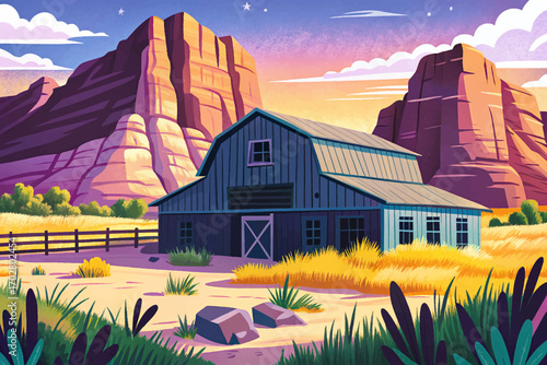 Western barn near canyon cliffs vector, dry prairie grass, rustic wooden structure under golden sunlight