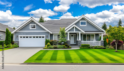 Ranch style home featuring grey cedar shake siding, white trim, covered front porch. Includes two-car garage, manicured lawn, pro