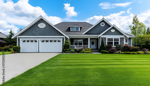 Ranch style home featuring grey cedar shake siding, white trim, covered front porch. Includes two-car garage, manicured lawn, pro