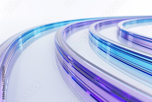 Abstract image of three translucent, curved, concentric rings in shades of blue and purple on a white background, creating a sense of depth and movement