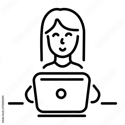 A linear style icon depicting a character using laptop