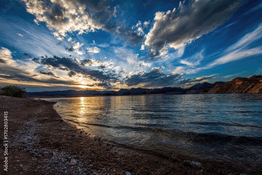 Obraz premium Dramatic sunset over a calm lake. Sandy shore, dramatic clouds, vibrant colors