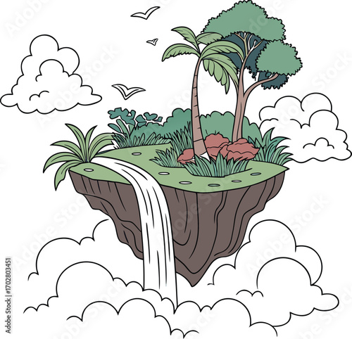 A tropical island paradise illustration with a silhouette of a single palm tree on a sandy beach