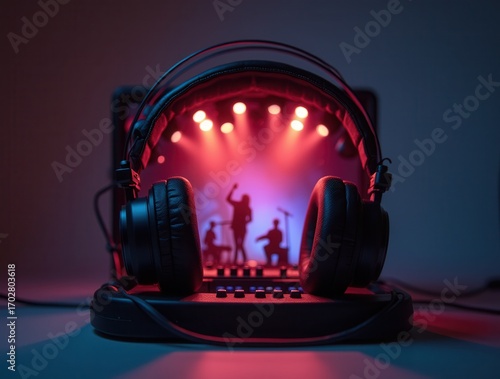 Headphones and mixing console creating live music on laptop with band silhouette