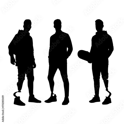 Diverse individuals with prosthetics embracing active lifestyles, showcasing strength, resilience, and modern mobility in dynamic silhouettes.