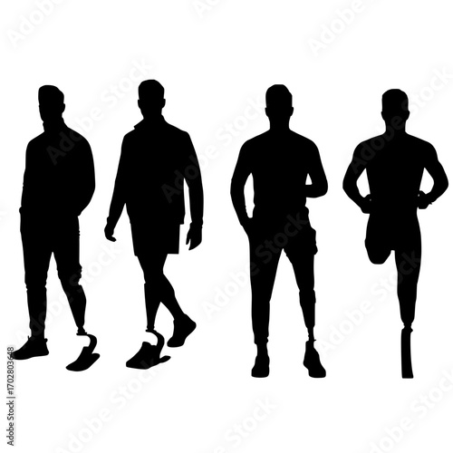 Diverse athletes with prosthetics showcasing strength and resilience in active poses