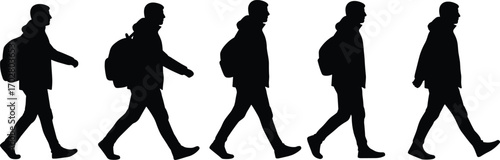 Man walking silhouette with backpack, walking poses, outdoor activity, travel, hiking, urban walking, casual stroll, backpacker