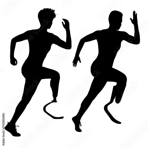 Dynamic athletes with prosthetics sprinting with determination and power towards victory on a clean background
