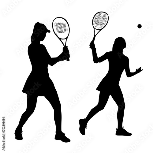 Dynamic female tennis players in action, one serving the ball, capturing the spirit of competition and athletic movement.