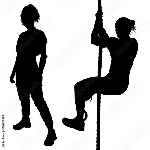 Dynamic silhouette captures athletic woman climbing rope and another woman posing confidently, embodying strength and determination.