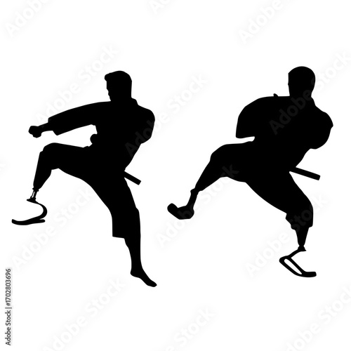 Dynamic martial artists with prosthetic legs demonstrating powerful karate kicks, inspiring strength and resilience in combat sports