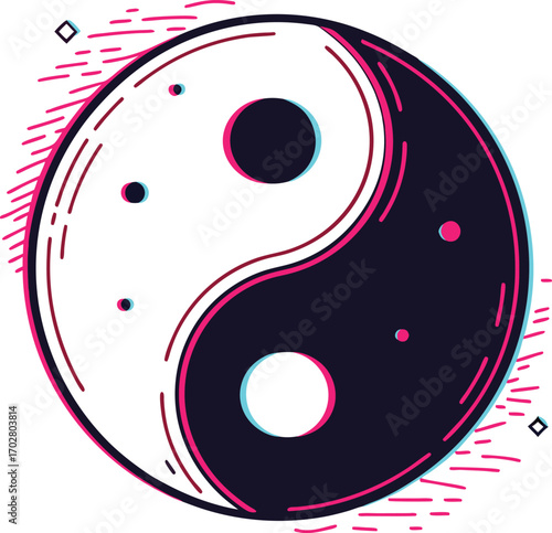 A classic yin-yang symbol in black and white represents harmony and balance in Taoist philosophy, centered on a blue background