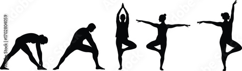 Yoga silhouettes, people in yoga poses, stretching, balance, fitness, exercise, wellness, tree pose, group yoga positions
