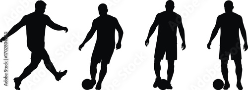 soccer player silhouette, football athlete poses, black outline sportsman, man with ball vector, soccer action design, shadow player illustration, team sport concept