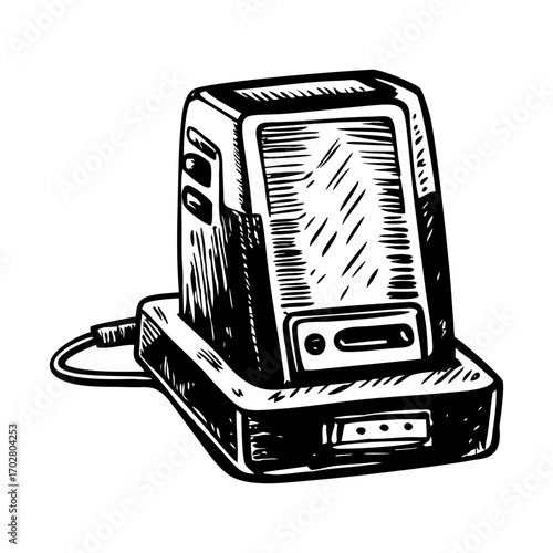 A vintage style illustration showing charging dock