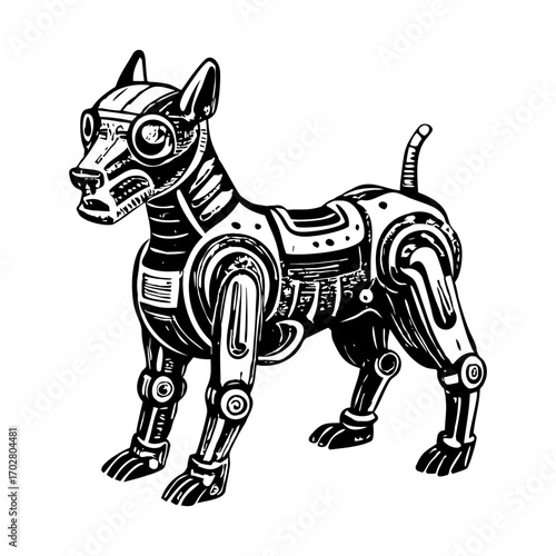 A vintage style illustration showing robot dog