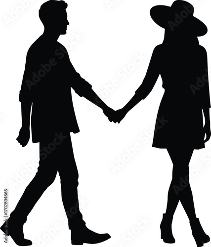 Man and woman holding hands silhouette, couple walking, romantic relationship, love, black silhouette, casual outfit, walking together