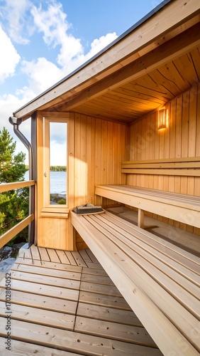 Wooden sauna with lake view