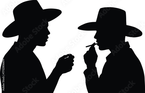 Silhouette of two men smoking, cowboy hats, lighting cigarette, western style, smokers talking, tobacco use, black shadow, smoke concept