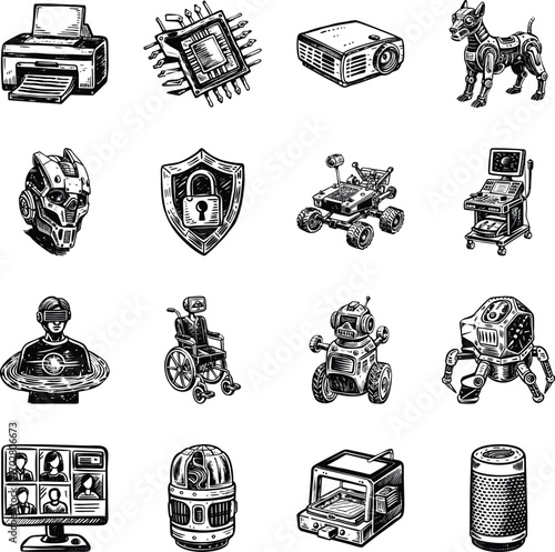 Set of AI Innovation Vintage Style Illustrations 

