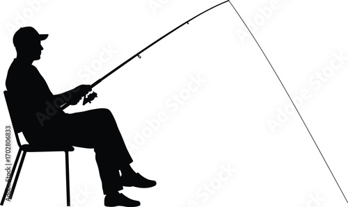 Silhouette of man fishing on chair, relaxing fisherman holding rod, peaceful outdoor activity, angler lifestyle, recreational fishing concept, serene hobby