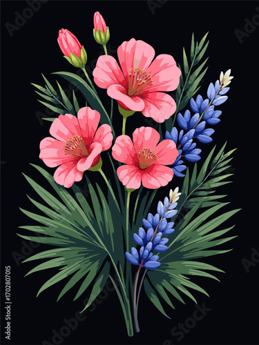 Vector lupin, pink bell flower with palm leaf isolated on black background. Summer print. Element of seamless fabric pattern. Floral fashion ornament for women clothing, t-shirt, textile, blanket.