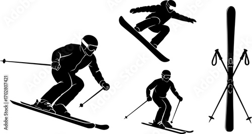 Skiing silhouette, Skier silhouette, Ski silhouette, Skier vector set, Skiing svg, Snowboarding silhouette, Winter sport silhouette